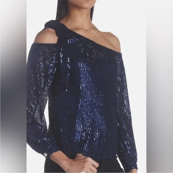CeCe glamorous bows Navy Sequin Off-Shoulder cold Blouse sequence bling NWT Sz M - Picture 7 of 15